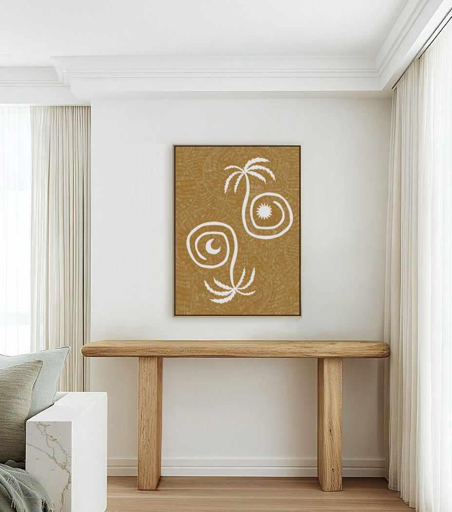 Sun Moon And Palm Trees Yellow by Shatha Al Dafai | Framed Canvas Art Print from Olive et Oriel where you can shop wallpaper and artworks online