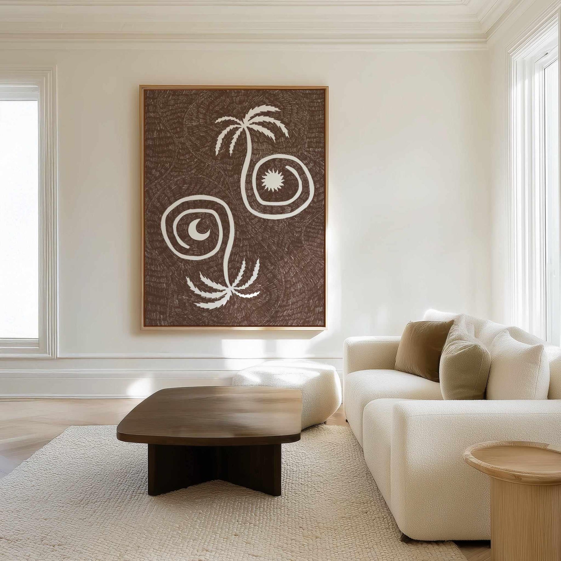 Sun Moon And Palm Trees Brown by Shatha Al Dafai | Framed Canvas Art Print from Olive et Oriel where you can shop wallpaper and artworks online