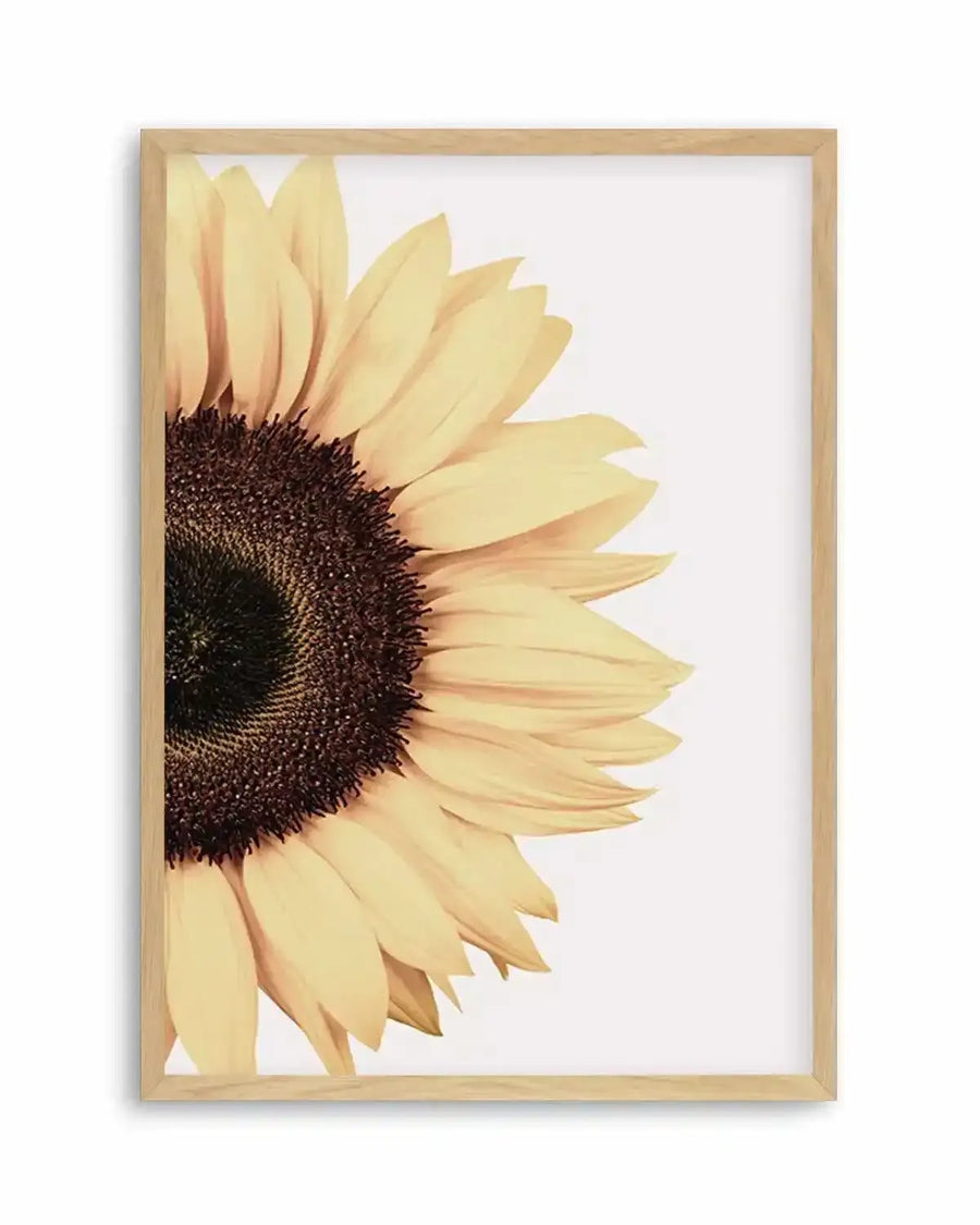Framed photography art print featuring a close-up of a sunflower, cropped to show the left half of the bloom, with a natural wood frame and white border. The sunflower has warm yellow petals and a dark brown, textured center.