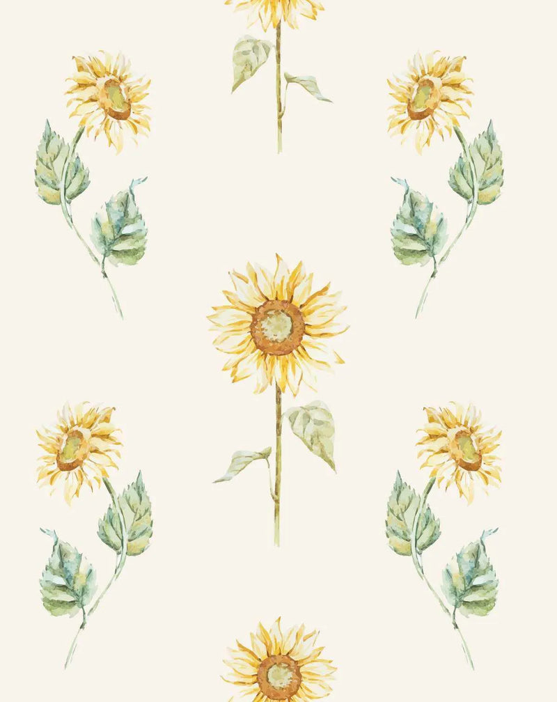 Peel and stick wallpaper featuring a repeating pattern of hand-painted sunflowers in warm yellow and golden brown with green leaves on a soft cream background. The botanical design has a loose, organic watercolour quality with visible brushstroke texture.