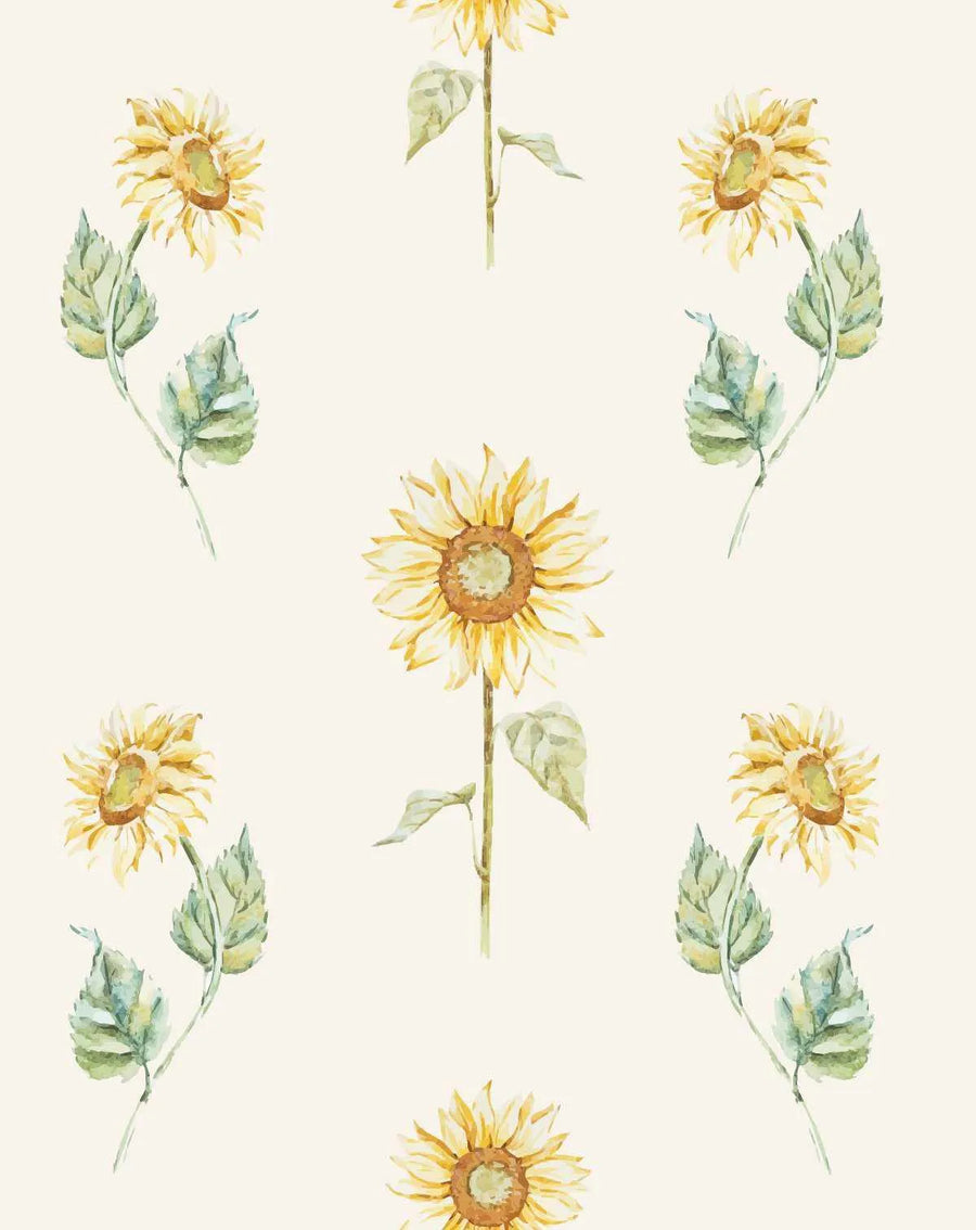 Peel and stick wallpaper featuring a repeating pattern of hand-painted sunflowers in warm yellow and golden brown with green leaves on a soft cream background. The botanical design has a loose, organic watercolour quality with visible brushstroke texture.
