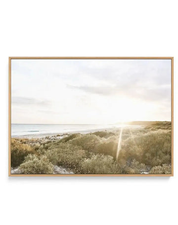 Framed canvas art print featuring a coastal landscape photograph at golden hour. Dense sage green and golden-toned vegetation fills the foreground, with a calm blue-grey ocean and sandy beach visible in the middle distance. Soft sunlight streams through haze on the right side. Overcast white sky dominates the upper portion. The photograph is printed on canvas and set in a natural wood-toned frame with a white border.