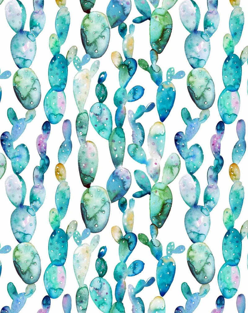 Peel and stick wallpaper featuring a repeating pattern of hand-painted cactus plants in various shades of blue, green, and hints of purple and yellow on a white background. The watercolour design has a loose, organic quality with visible brushstroke texture and small white dots suggesting spines.