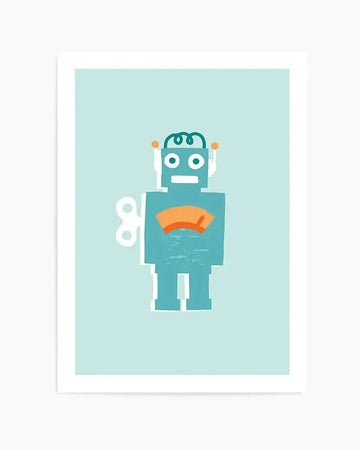 Art print featuring a stylized illustration of a retro robot in teal blue with an orange chest plate and a white wind-up key on its left side, set against a pale blue background. The robot has white circular eyes, a rectangular mouth, and a curly antennae on its head.