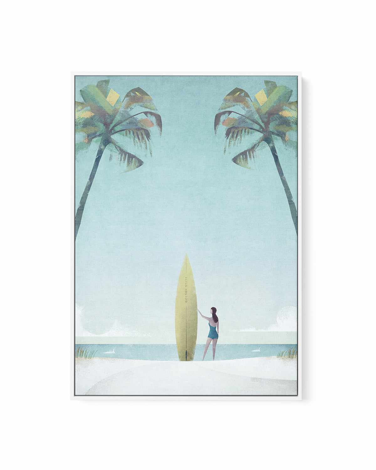 Surf Girl, Palm Trees by Henry Rivers | Framed Canvas Art Print