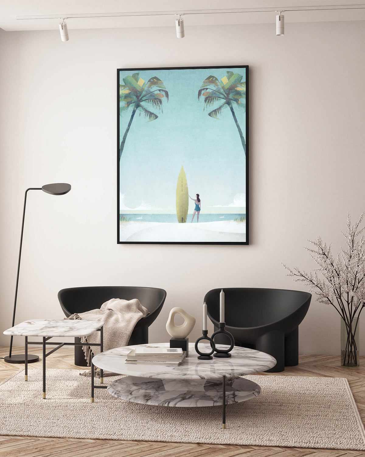 Surf Girl, Palm Trees by Henry Rivers | Framed Canvas Art Print