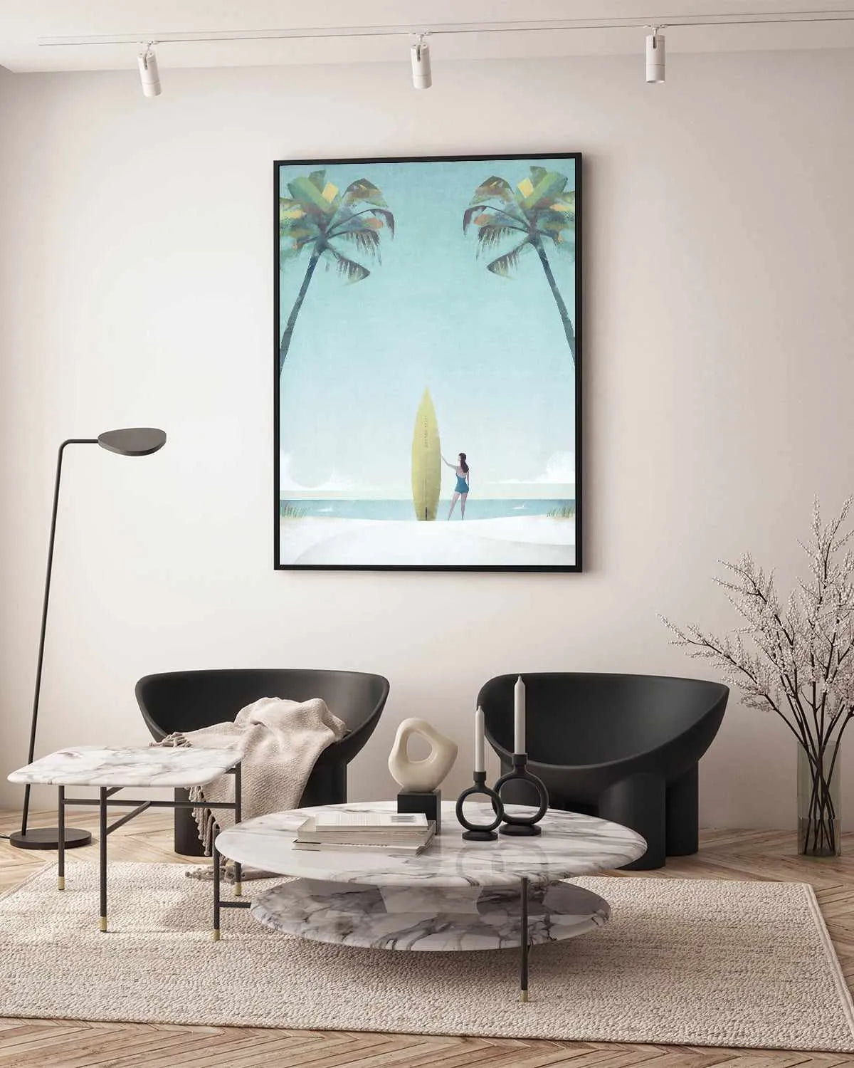 Surf Girl, Palm Trees by Henry Rivers | Framed Canvas Art Print from Olive et Oriel where you can shop wallpaper and artworks online