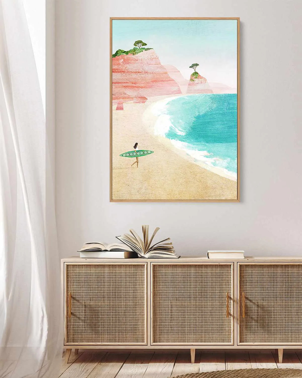 Surf Girl, Pink Beach by Henry Rivers | Framed Canvas Art Print from Olive et Oriel where you can shop wallpaper and artworks online