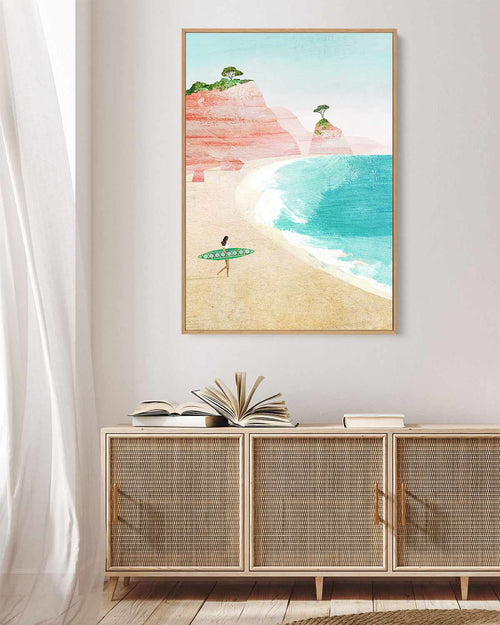 Surf Girl, Pink Beach by Henry Rivers | Framed Canvas Art Print
