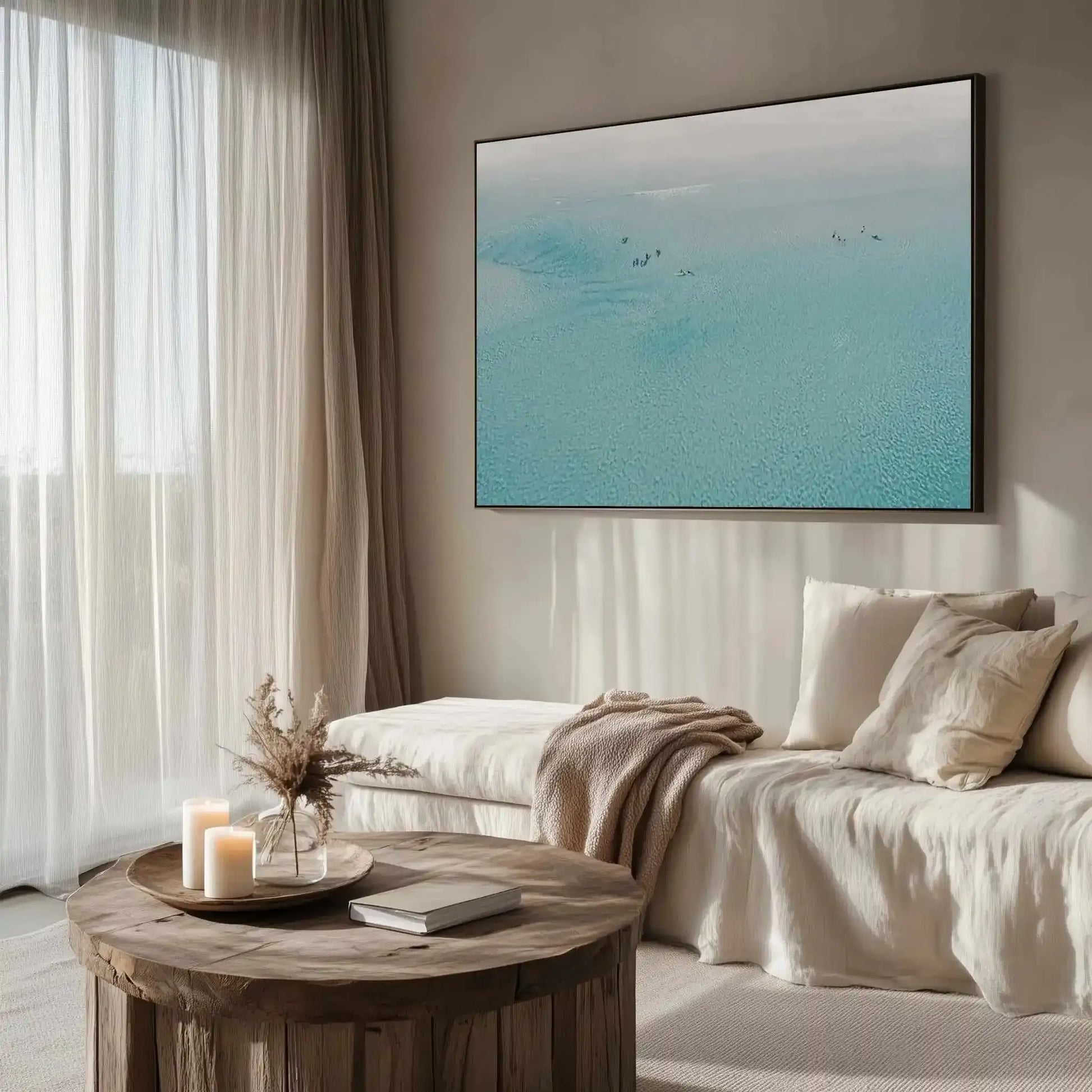 Surf School Wharton Beach | Aerial Photo Wall Framed Canvas Art Print from Olive et Oriel where you can shop wallpaper and artworks online