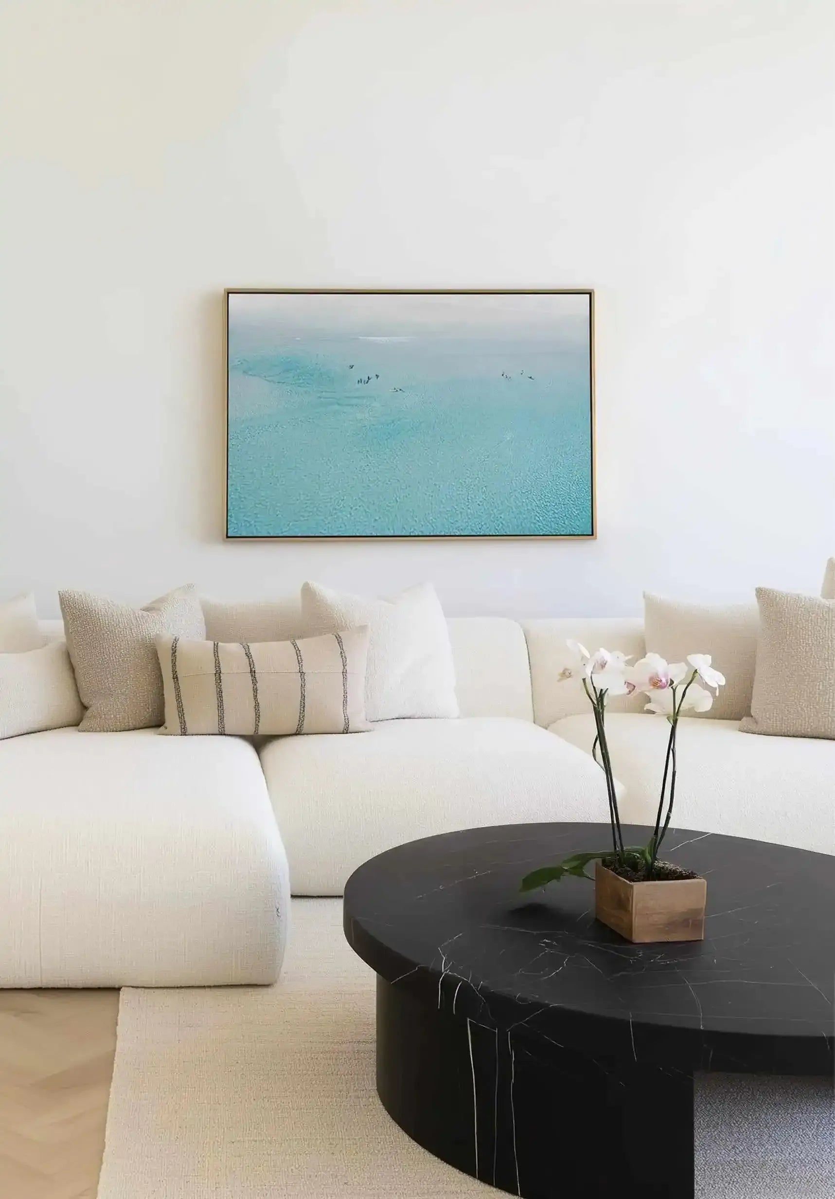 Surf School Wharton Beach | Aerial Photo Wall Framed Canvas Art Print from Olive et Oriel where you can shop wallpaper and artworks online