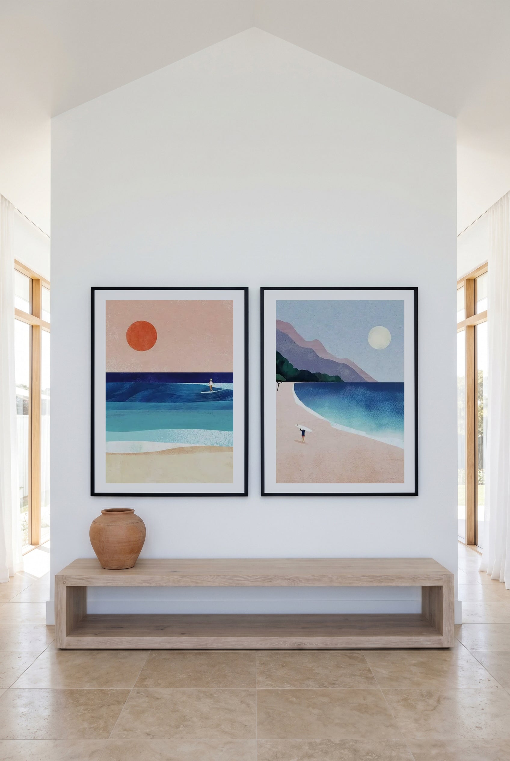 Surf Girl and the Sun & Surf Beach Art Print Set of 2 | Matching Wall Art