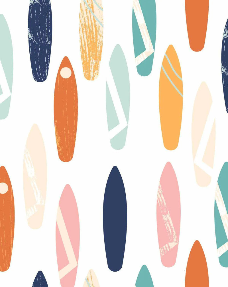 Peel and stick wallpaper featuring a repeating pattern of hand-drawn surfboards in various sizes and orientations on a clean white background. The surfboards are rendered in a flat, illustrative style with visible brushstroke textures, in a palette of muted tones including deep navy blue, burnt orange, soft teal, pale mint green, dusty pink, and creamy beige. Some surfboards feature simple graphic patterns like diagonal stripes or thin horizontal lines in contrasting colours.