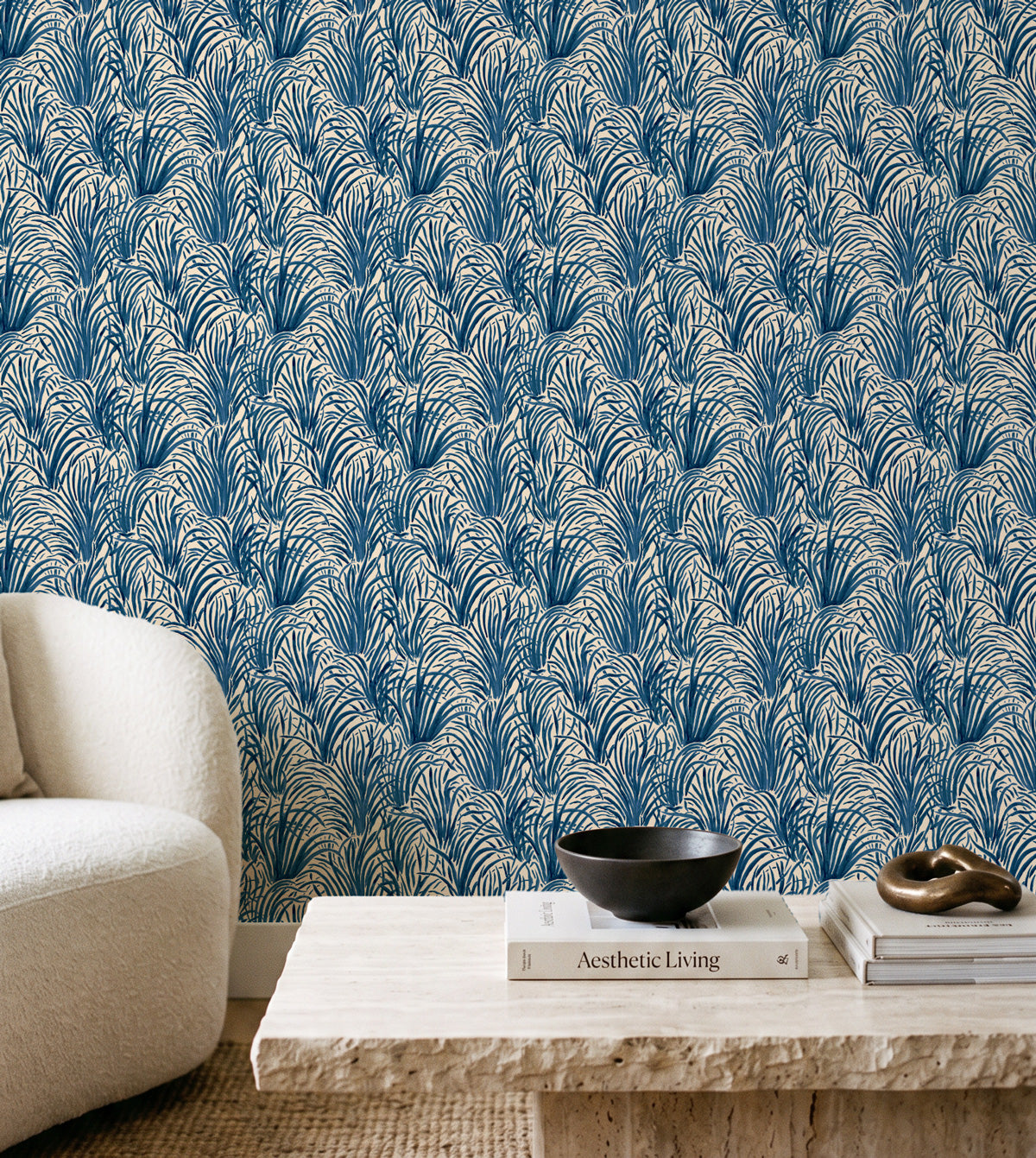 Coastal Luxe Grass in Navy Blue Wallpaper
