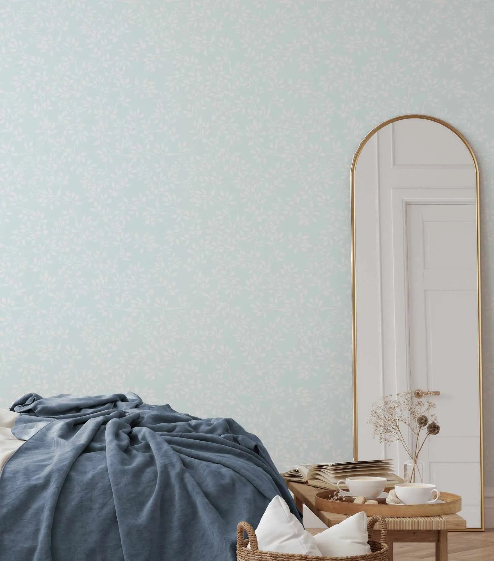 Sweet Leaves In Soft Blue Wallpaper-Wallpaper-Buy Kids Removable Wallpaper Online Our Custom Made Children√¢‚Ç¨‚Ñ¢s Wallpapers Are A Fun Way To Decorate And Enhance Boys Bedroom Decor And Girls Bedrooms They Are An Amazing Addition To Your Kids Bedroom Walls Our Collection of Kids Wallpaper Is Sure To Transform Your Kids Rooms Interior Style From Pink Wallpaper To Dinosaur Wallpaper Even Marble Wallpapers For Teen Boys Shop Peel And Stick Wallpaper Online Today With Olive et Oriel