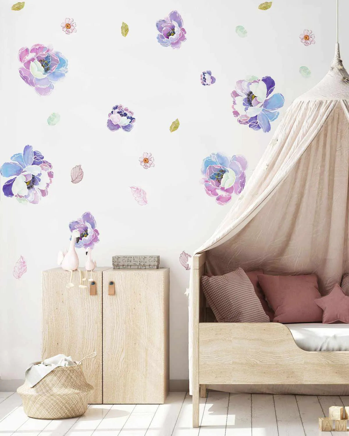 Sweet Lilac Peony Flower Removable Decal Set-Decals-Olive et Oriel-Decorate your kids bedroom wall decor with removable wall decals, these fabric kids decals are a great way to add colour and update your children's bedroom. Available as girls wall decals or boys wall decals, there are also nursery decals.