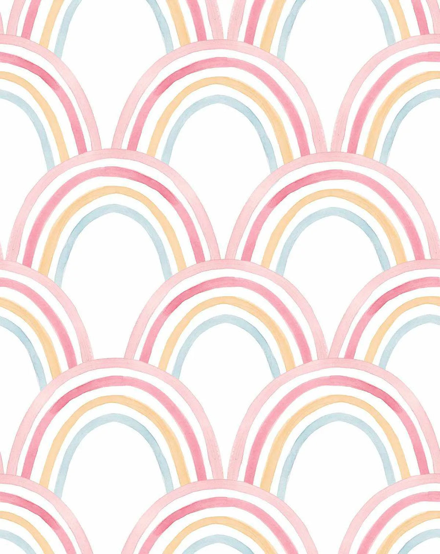 Peel and stick wallpaper featuring a repeating pattern of hand-painted rainbows in soft pastel shades of light pink, pale yellow, and baby blue on a clean white background. The design has a gentle watercolor quality with visible brushstroke texture.