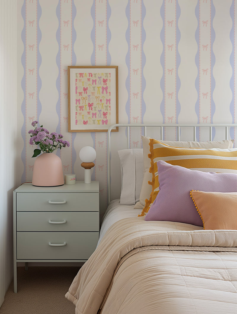 Lola Preppy Pink Bow By the Roll Wallpaper from Olive et Oriel where you can shop wallpaper and artworks online
