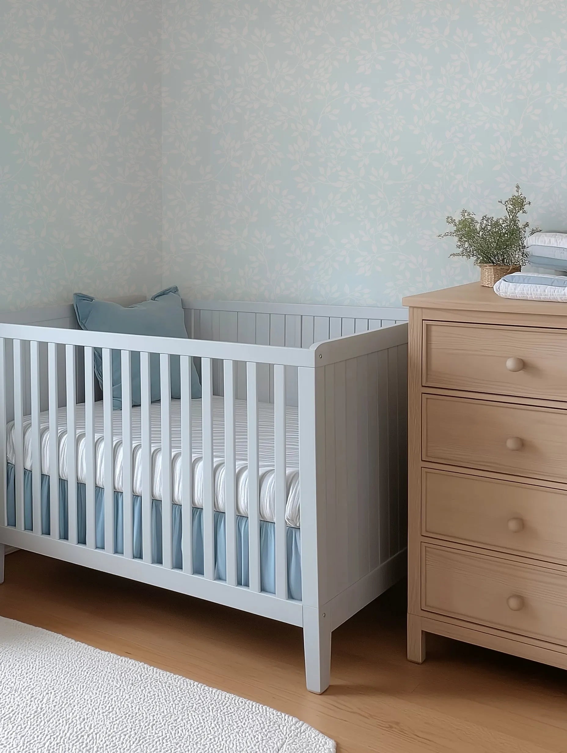 Sweet Leaves In Soft Blue Wallpaper from Olive et Oriel where you can shop wallpaper and artworks online