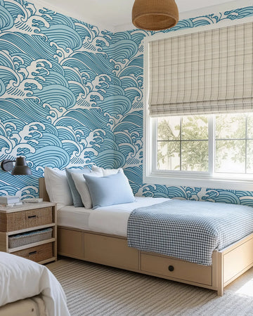Kids wallpaper sample with bold blue ocean wave pattern on white background