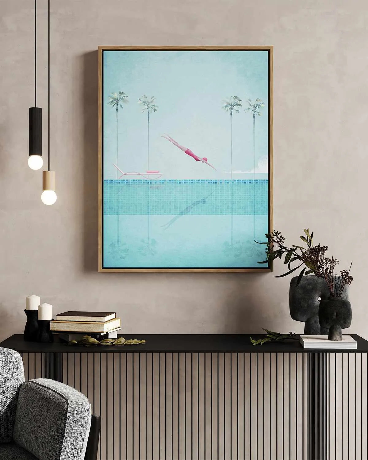 Swimming Pool, Diver and Palms by Henry Rivers | Framed Canvas Art Print from Olive et Oriel where you can shop wallpaper and artworks online