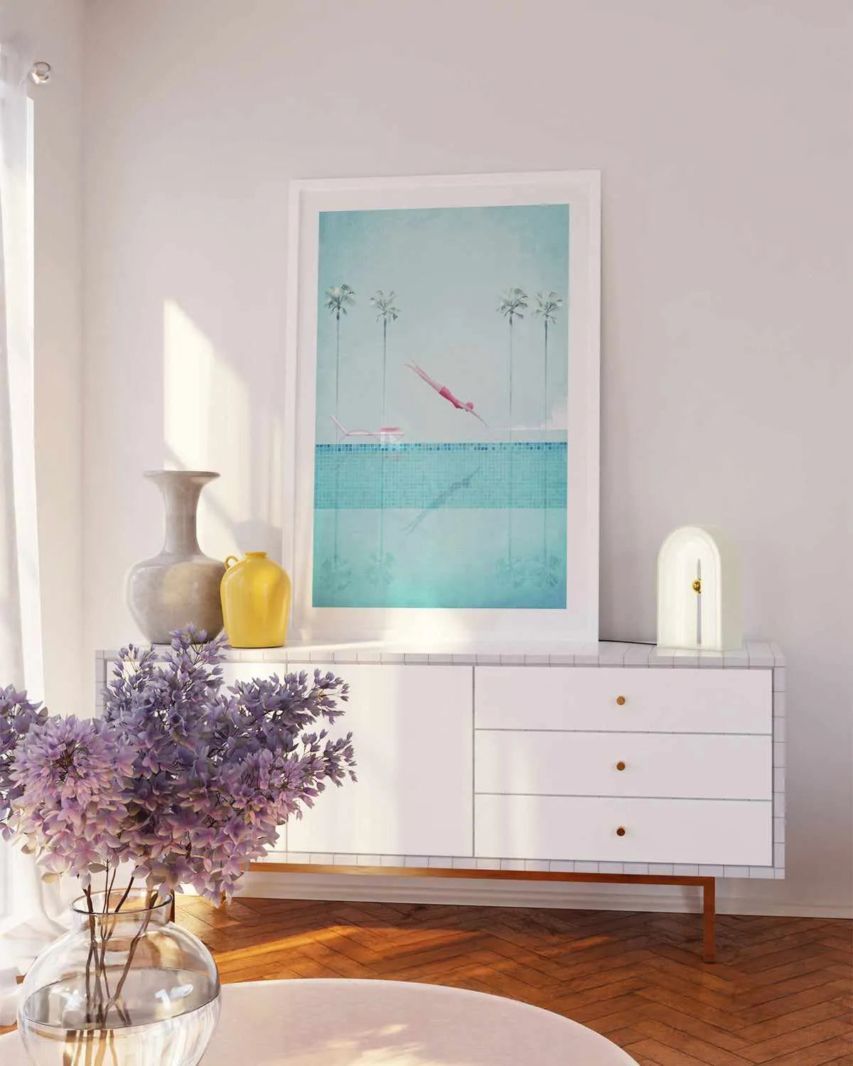 Swimming Pool, Diver and Palms by Henry Rivers Art Print from Olive et Oriel where you can shop wallpaper and artworks online