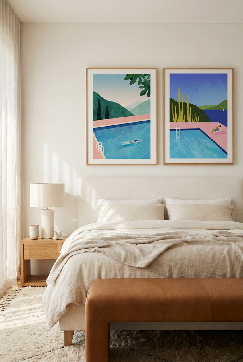 Swimming Pool Tuscany & Swimming Pool Pink Art Print Set of 2 | Matching Wall Art