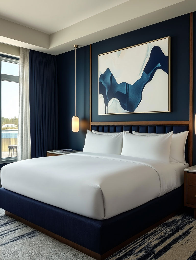 Hotel Rooms: Elegant hotel room decor featuring framed artworks and canvas art, perfect for creating a luxurious and relaxing guest experience with premium wall decor.