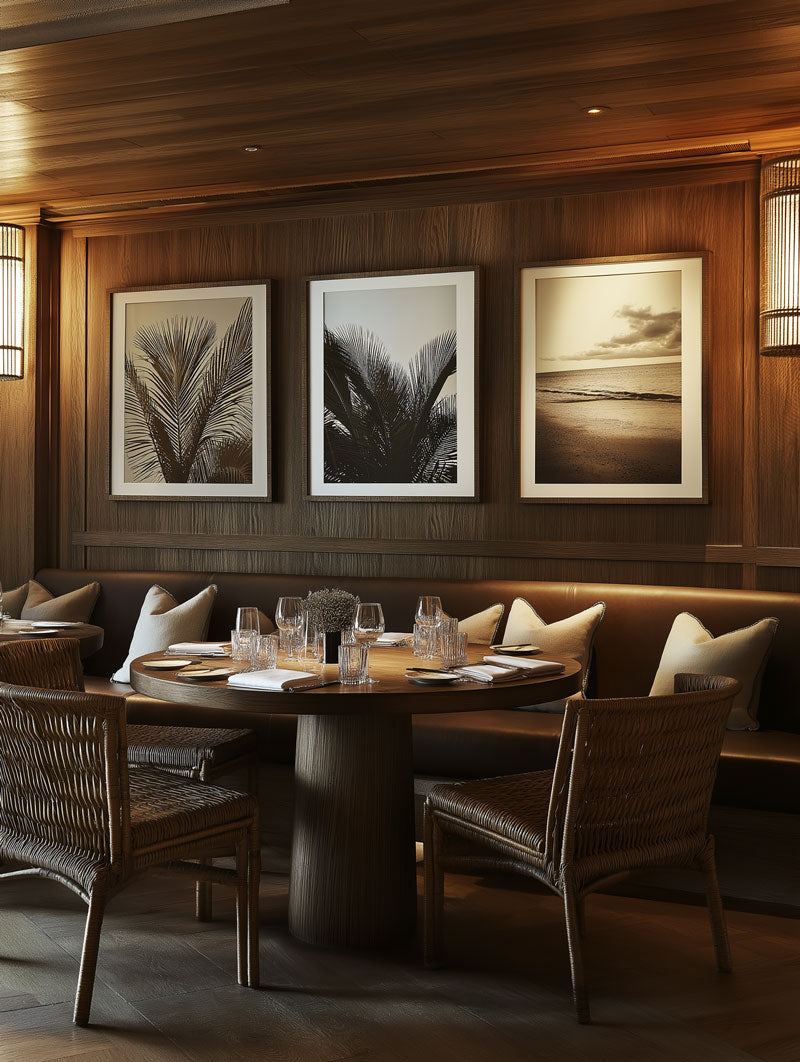 Restaurants & Bars: Chic restaurant and bar interiors showcasing framed art and canvas-framed artworks, adding style and sophistication to dining and entertainment spaces.