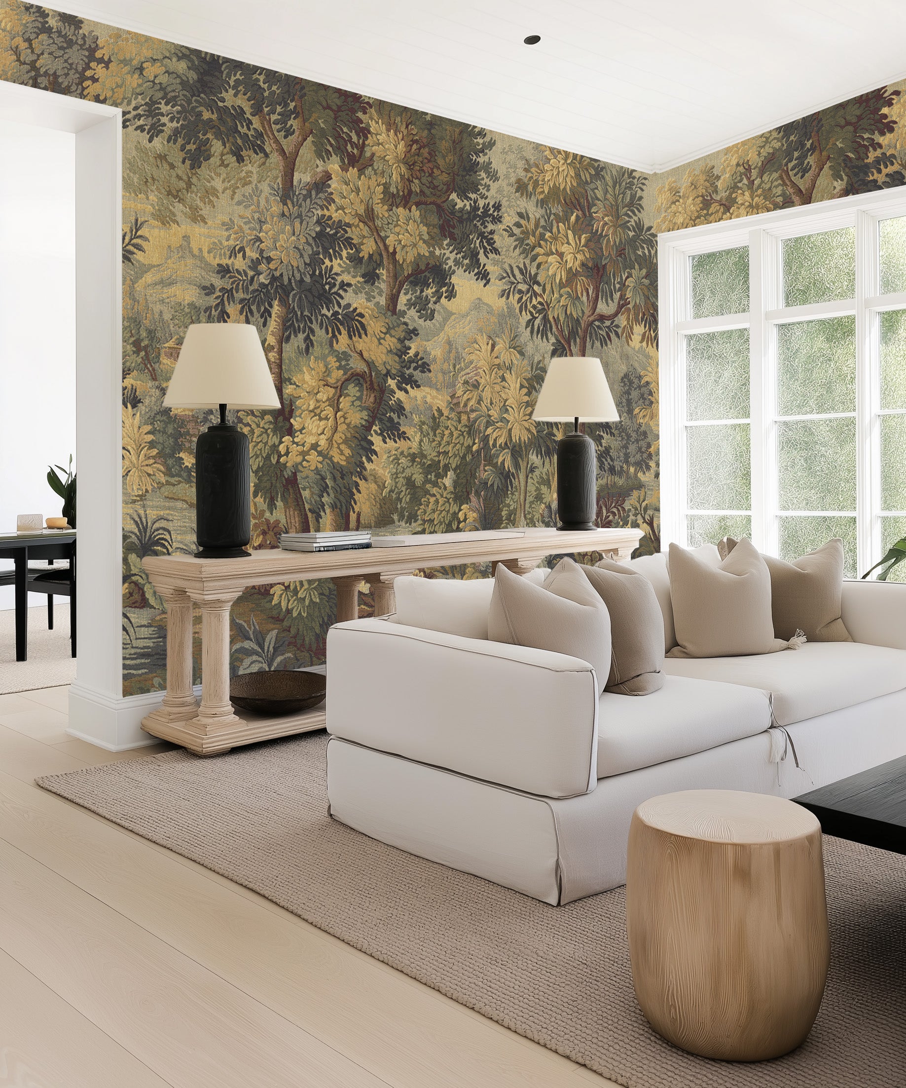 Vintage Tapestry Panoramic Mural in Luxe Beige Wallpaper from Olive et Oriel where you can shop wallpaper and artworks online