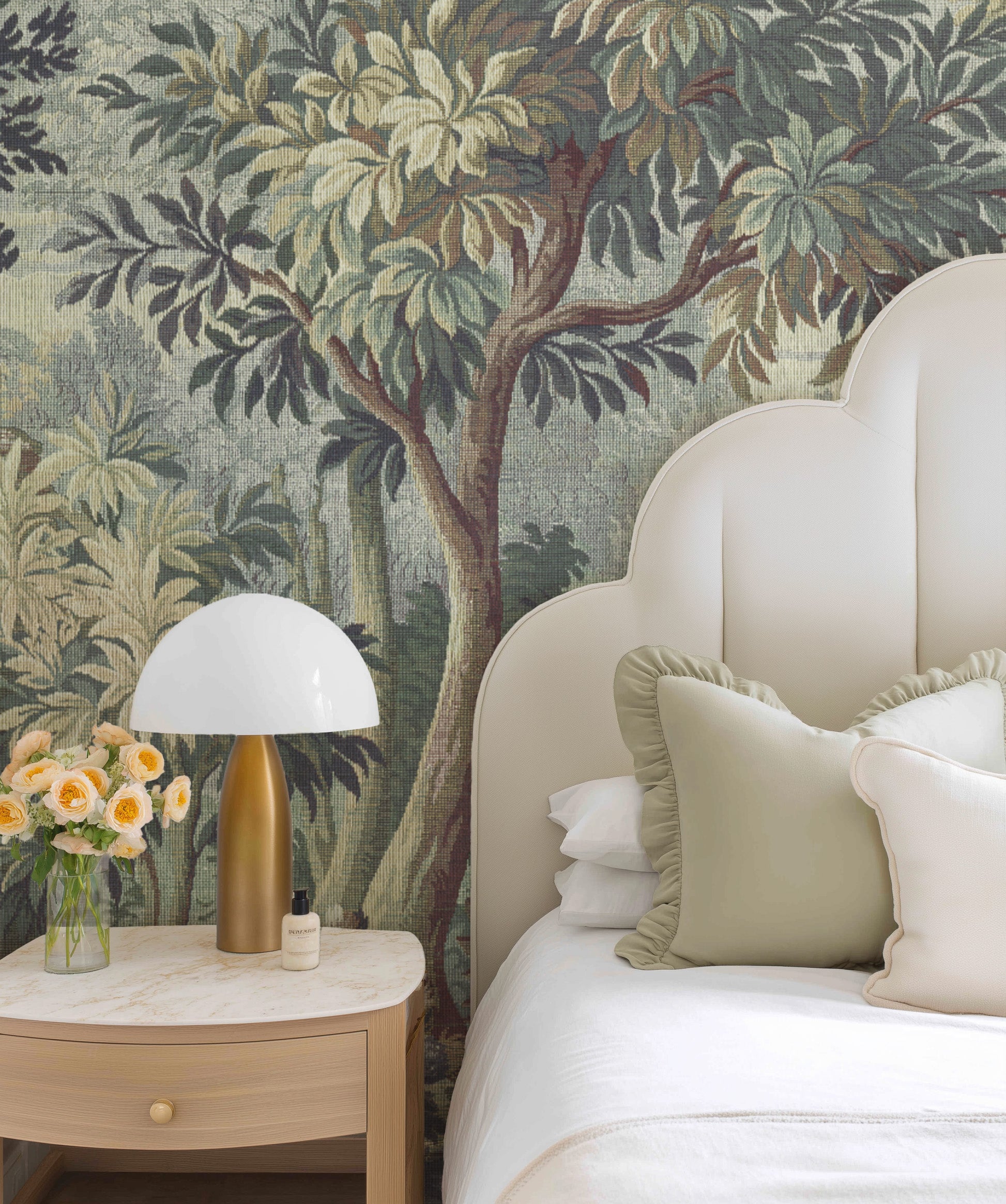 Vintage Tapestry Panoramic Mural in Sage Green Wallpaper from Olive et Oriel where you can shop wallpaper and artworks online