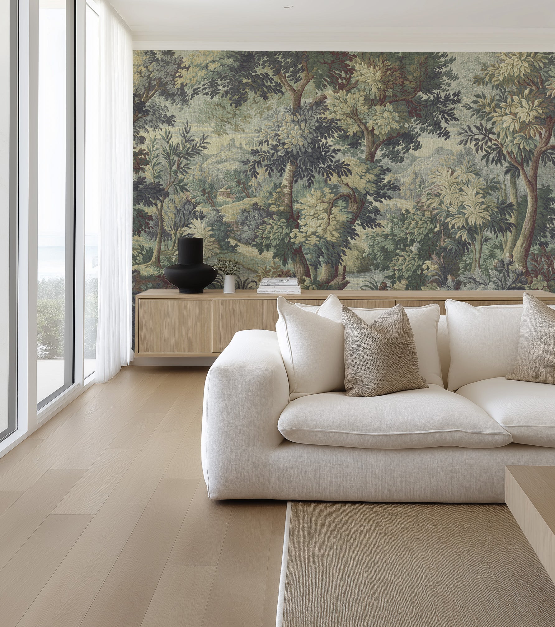 Vintage Tapestry Panoramic Mural in Sage Green Wallpaper from Olive et Oriel where you can shop wallpaper and artworks online