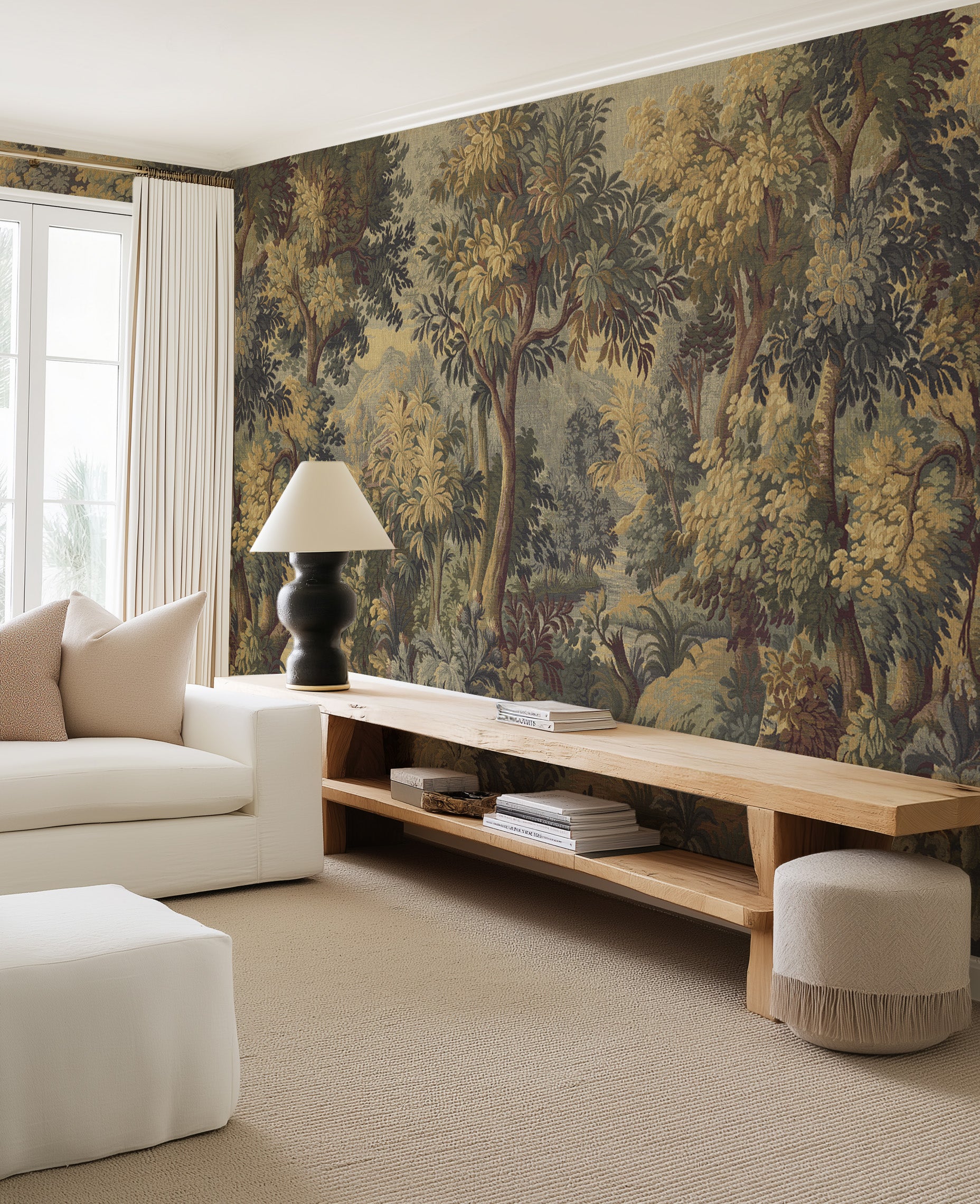 Vintage Tapestry Panoramic Mural in Luxe Beige Wallpaper from Olive et Oriel where you can shop wallpaper and artworks online