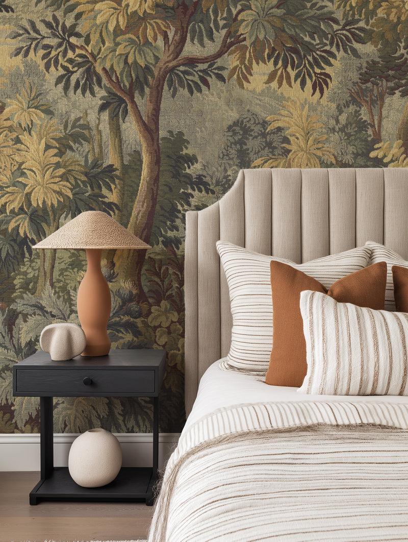 Vintage Tapestry Panoramic Mural in Luxe Beige Wallpaper from Olive et Oriel where you can shop wallpaper and artworks online