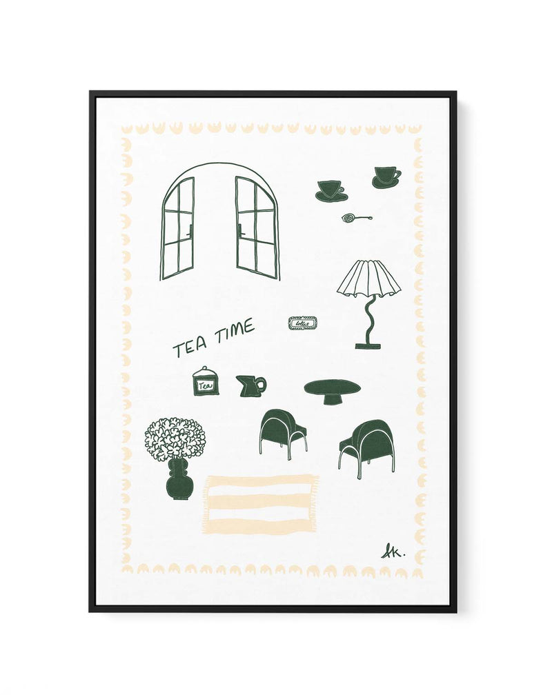 Tea Time Green Beige by Anne Korako | Framed Canvas Art Print