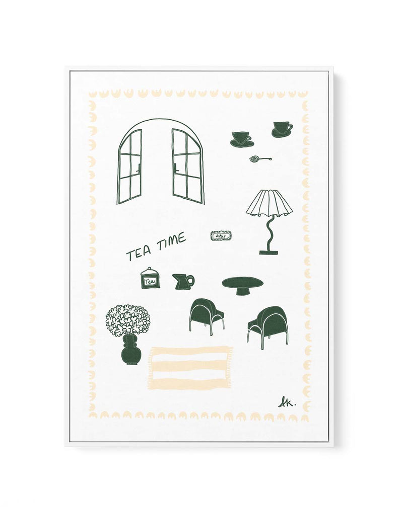 Tea Time Green Beige by Anne Korako | Framed Canvas Art Print