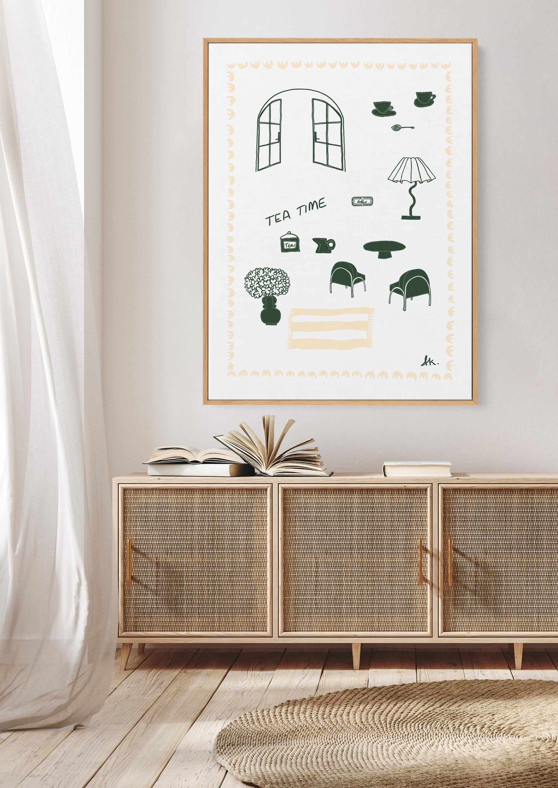 Tea Time Green Beige by Anne Korako | Framed Canvas Art Print from Olive et Oriel where you can shop wallpaper and artworks online