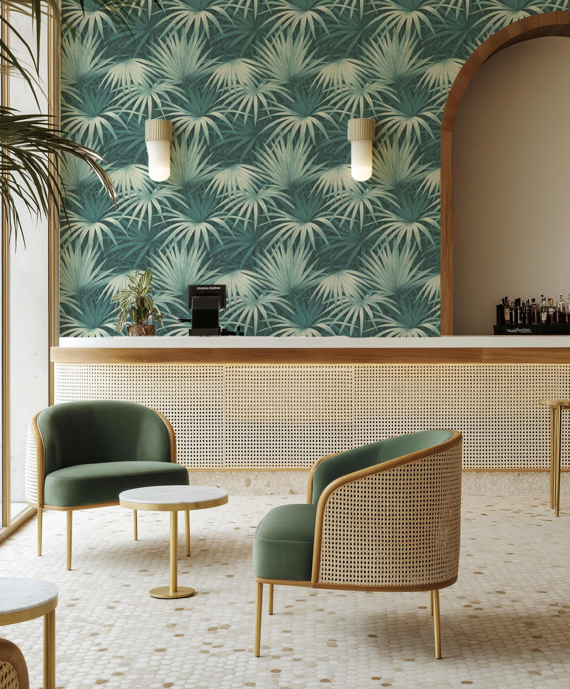 Teal Palm Frond Commercial Vinyl Wallpaper from Olive et Oriel where you can shop wallpaper and artworks online