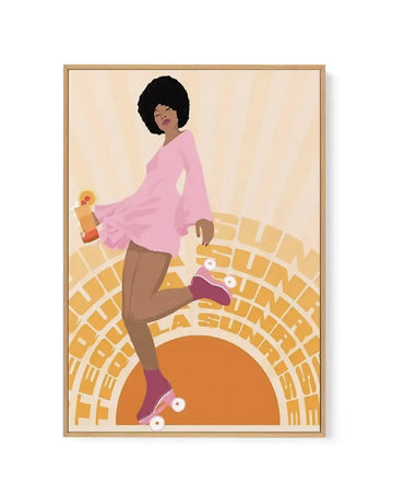 Framed canvas art print featuring a retro-style illustration of a woman on roller skates holding a cocktail. The woman has dark, voluminous afro hair and wears a long-sleeved, bell-sleeved pink dress. She has dark skin and pink lipstick. She is wearing pink roller skates with white wheels. The background is a warm yellow with radiating lines, and a large orange semi-circle at the bottom with the words "TEQUILA SUNRISE" in a curved, block font. The canvas is displayed in a natural oak frame.