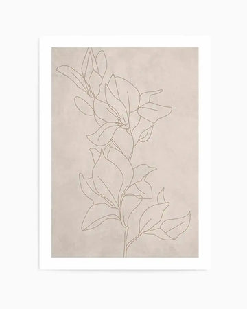 Line art print featuring a minimalist illustration of a flowering botanical branch with delicate petals and leaves in a warm, muted beige tone on a soft cream background, printed on fine art paper.