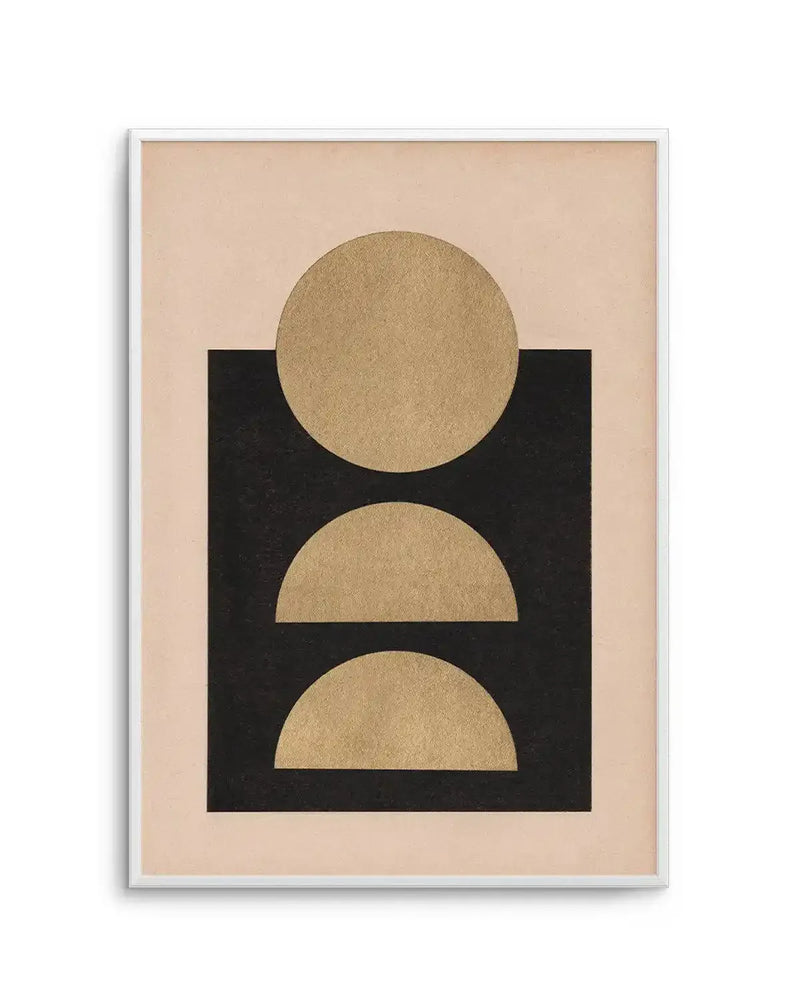 Abstract art print featuring a large gold circle at the top, partially overlapping a black rectangle below it. Two smaller gold semi-circles are stacked vertically within the black rectangle, with a light beige background surrounding the black rectangle and the top gold circle, all displayed in a white frame with a white border.