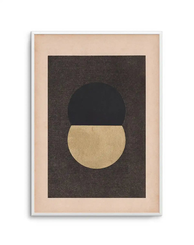 Abstract art print featuring a large black circle with a flat top, bisected horizontally by a gold semi-circle, on a dark brown textured background, displayed in a white frame with a light beige border.