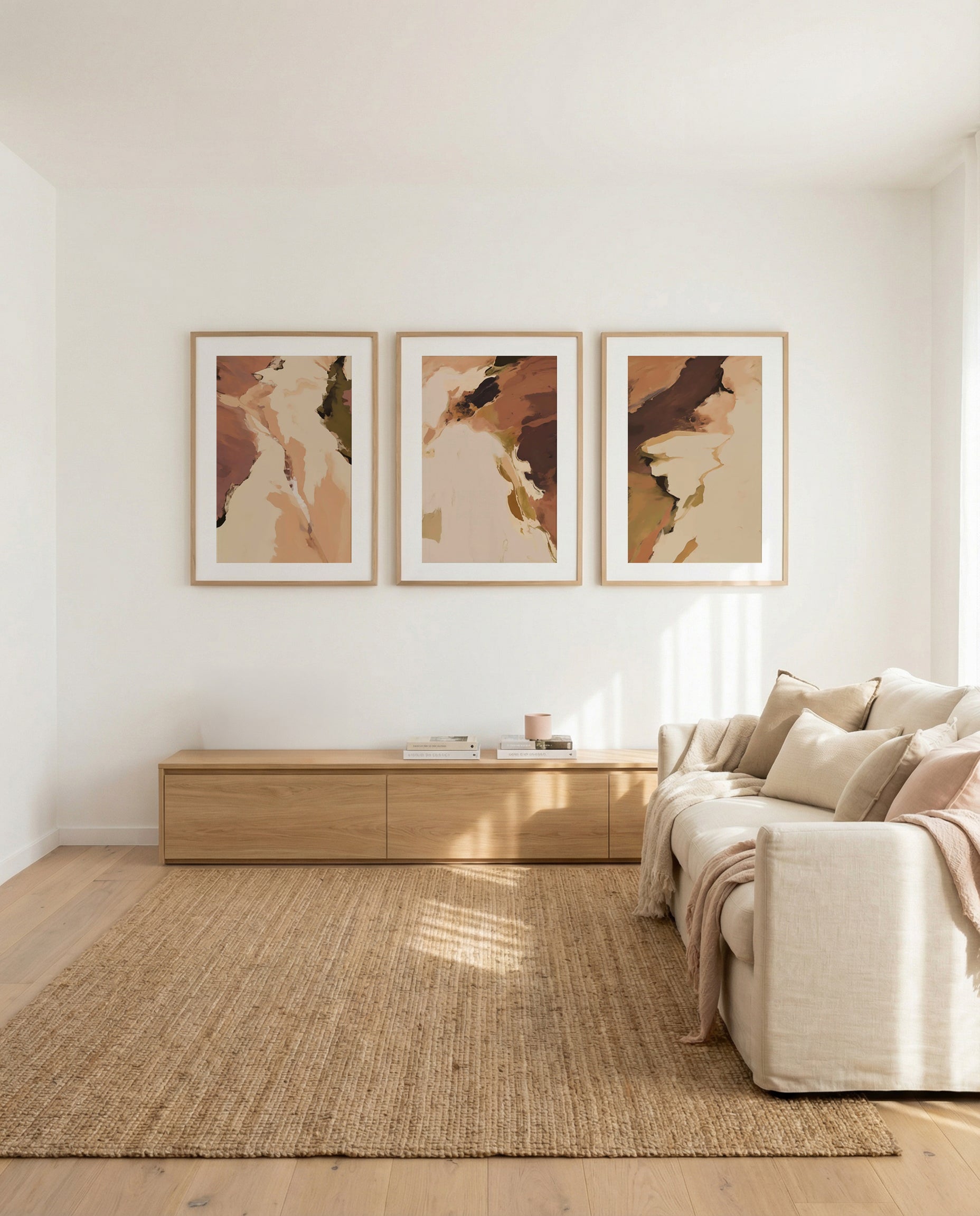 Terra Fusion I, II & III | 3 Piece Wall Art Set in Brown abstract art print oak frame with white border