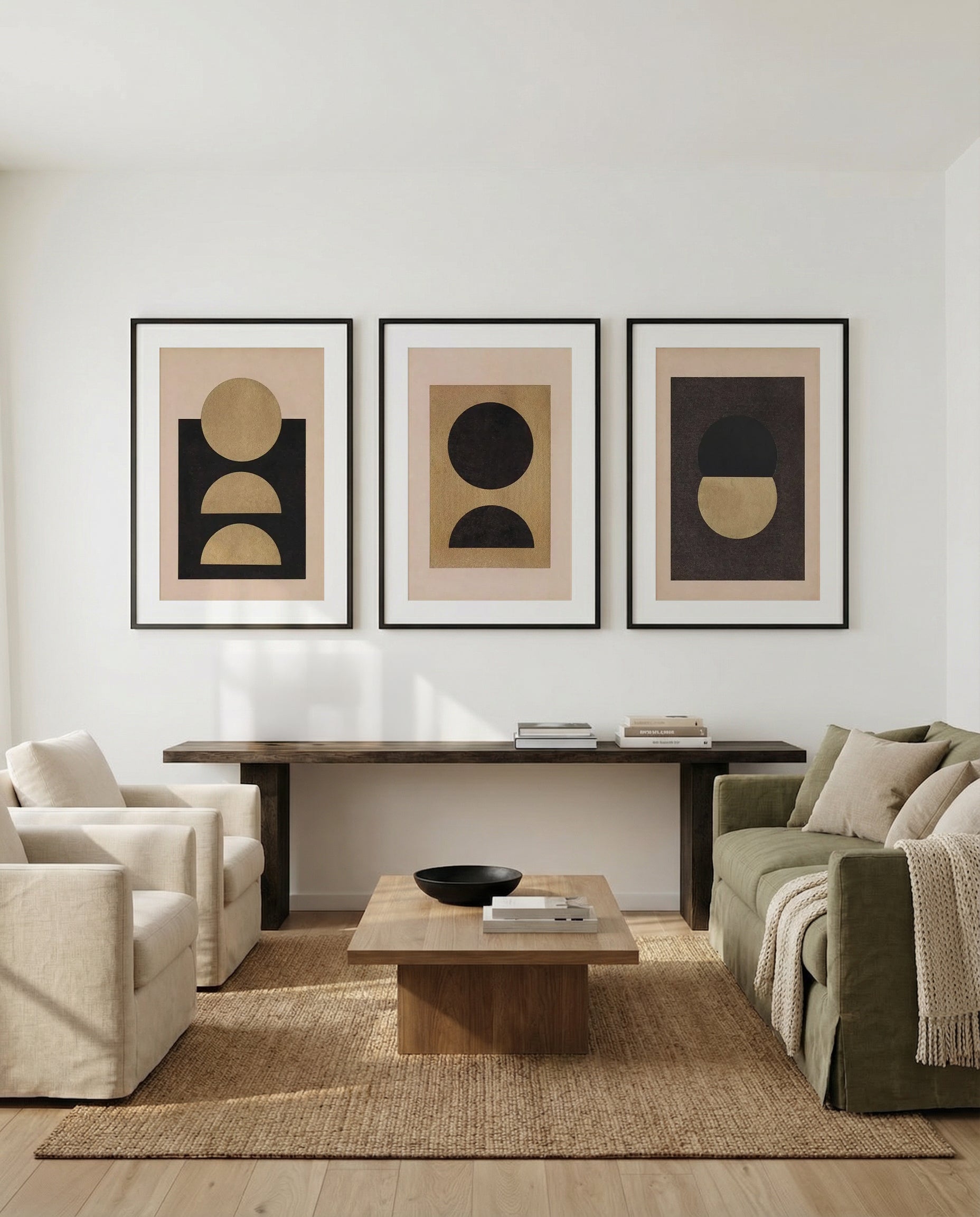 Terra I, II & III | 3 Piece Wall Art Set in Brown abstract art print oak frame with white border