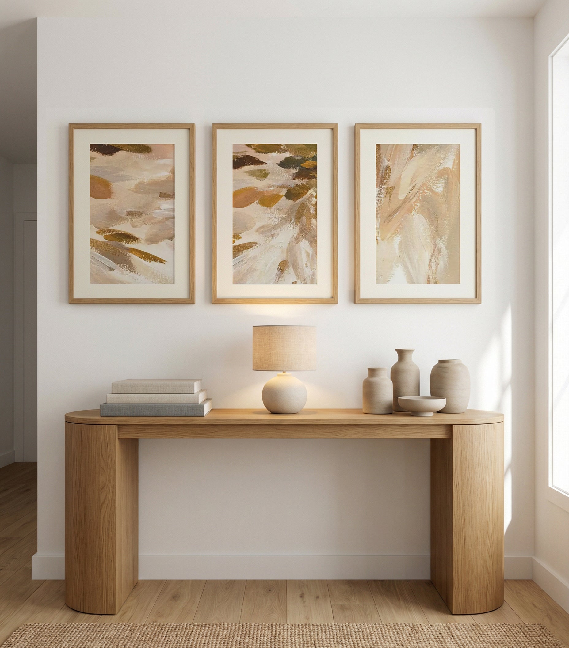 Terra Luxe I, II & III | 3 Piece Wall Art Set in Brown abstract art print oak frame with white border