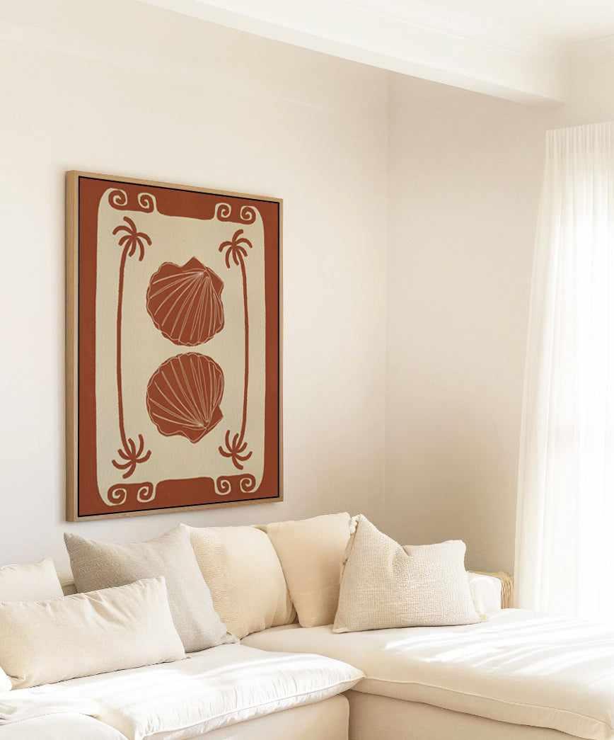 Terracotta Seashell Stories by Shatha Al Dafai | Framed Canvas Art Print from Olive et Oriel where you can shop wallpaper and artworks online