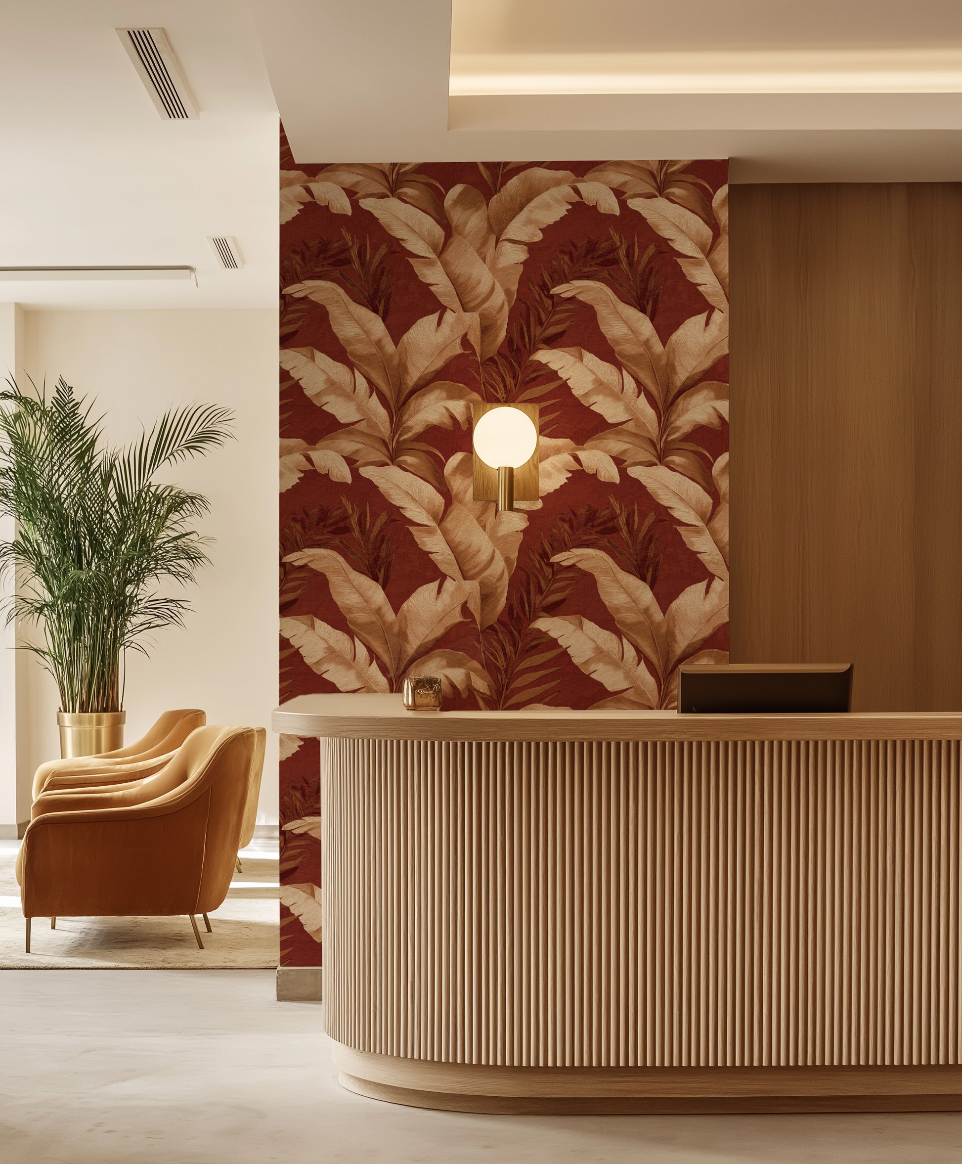 Terracotta Palmhouse Commercial Vinyl Wallpaper from Olive et Oriel where you can shop wallpaper and artworks online