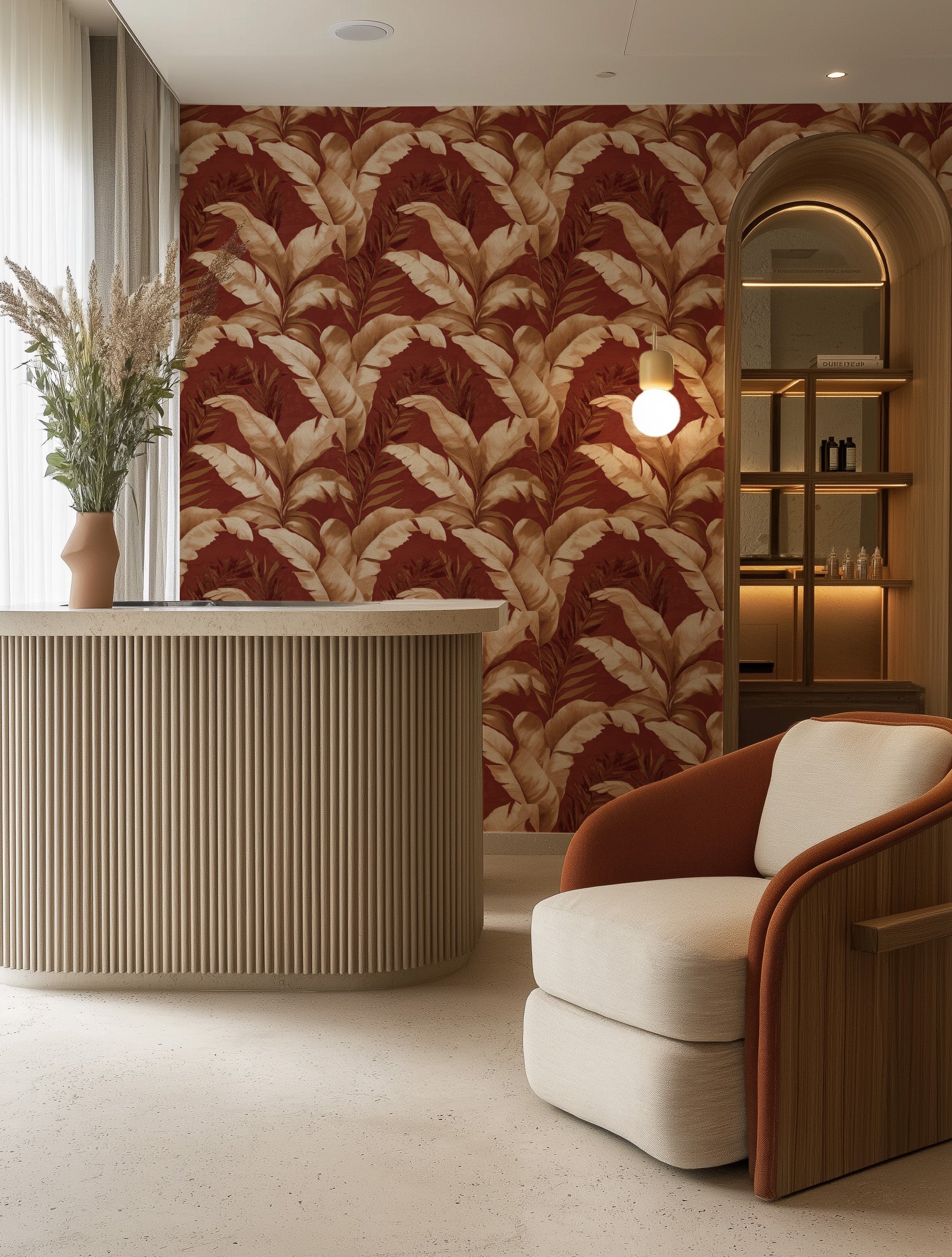 Terracotta Palmhouse Commercial Vinyl Wallpaper from Olive et Oriel where you can shop wallpaper and artworks online