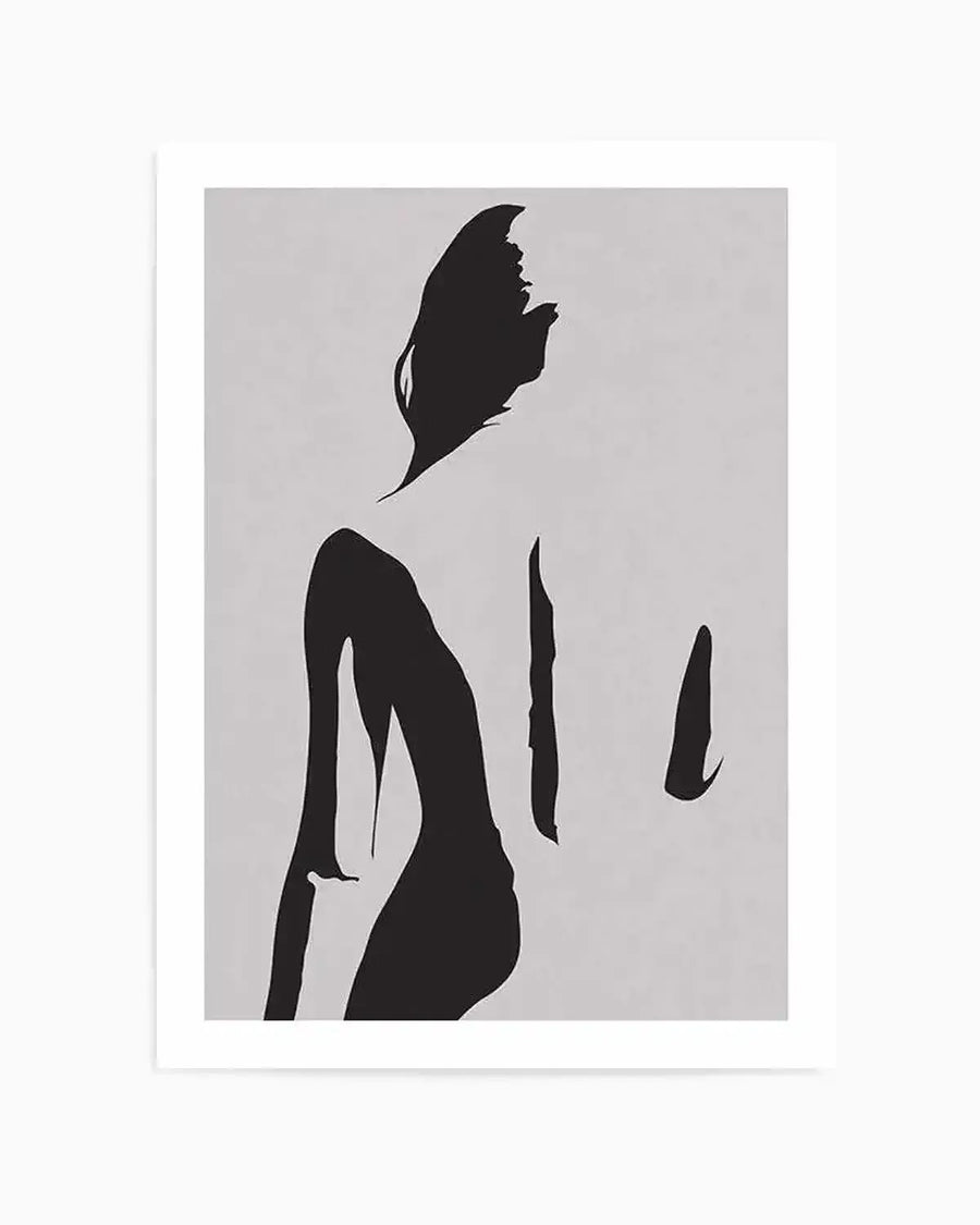 Abstract art print featuring a minimalist black silhouette of a woman's back and head against a light grey background. The figure is depicted from the waist up, with long hair flowing down her back, creating a sense of movement and mystery.
