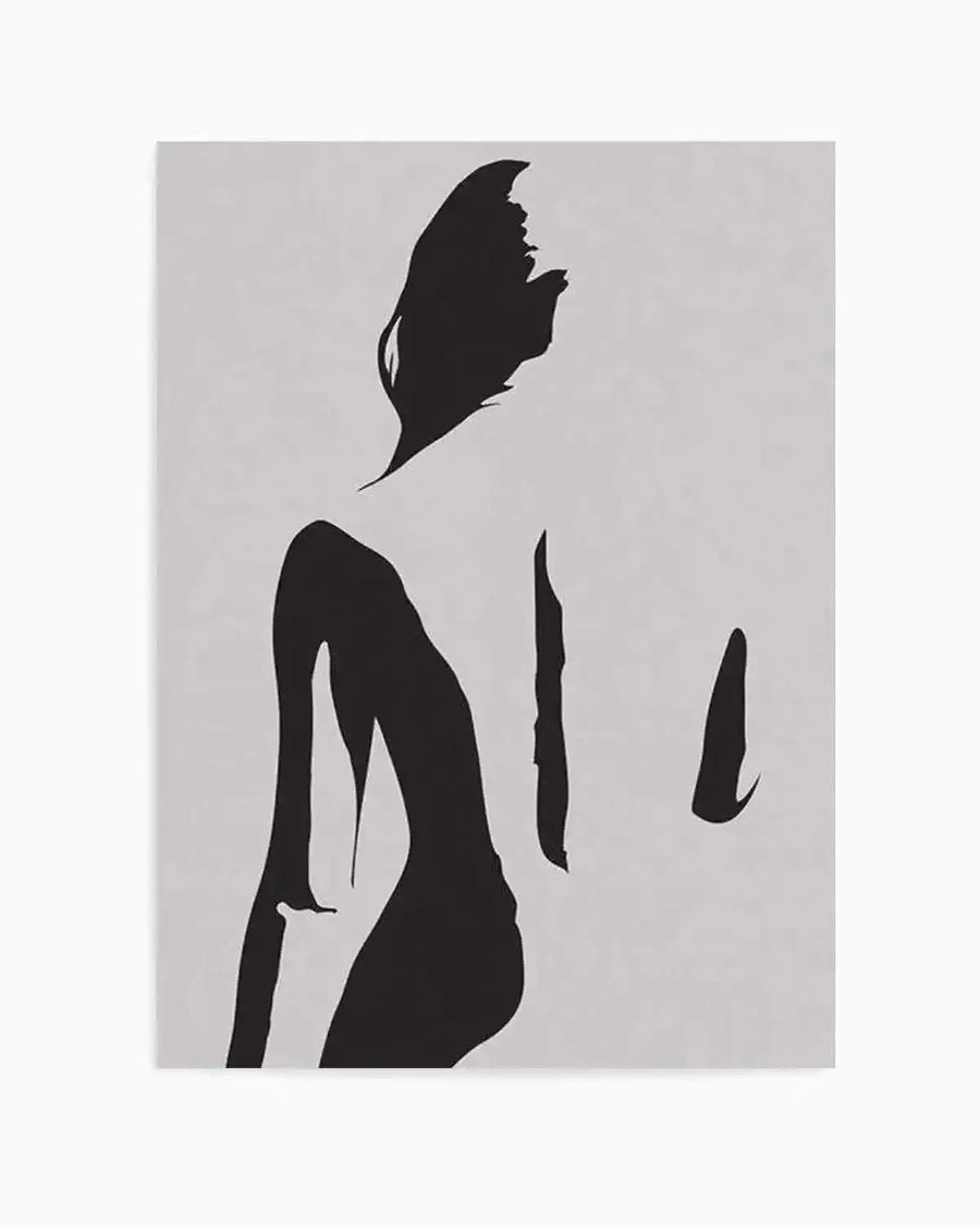 Abstract art print featuring a minimalist black silhouette of a woman's torso and head against a light grey background. The figure is depicted from the back, with long hair flowing down her back and her head tilted slightly upwards. The black form has soft, organic edges, creating a sense of movement and fluidity.